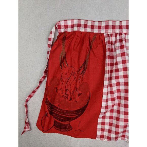 VINTAGE WOMEN'S RED PLAID HALF APRON - FRUIT BOWL - POCKETS - Picture 7 of 16